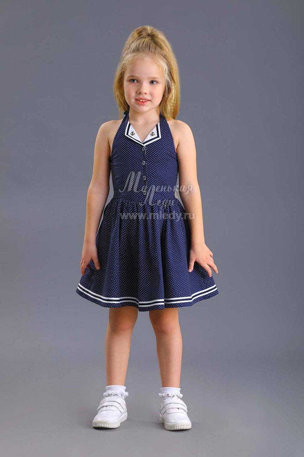 картинка Платье 2140-320-ВХН (сине-молочный горошек) от магазина Маленькая Леди