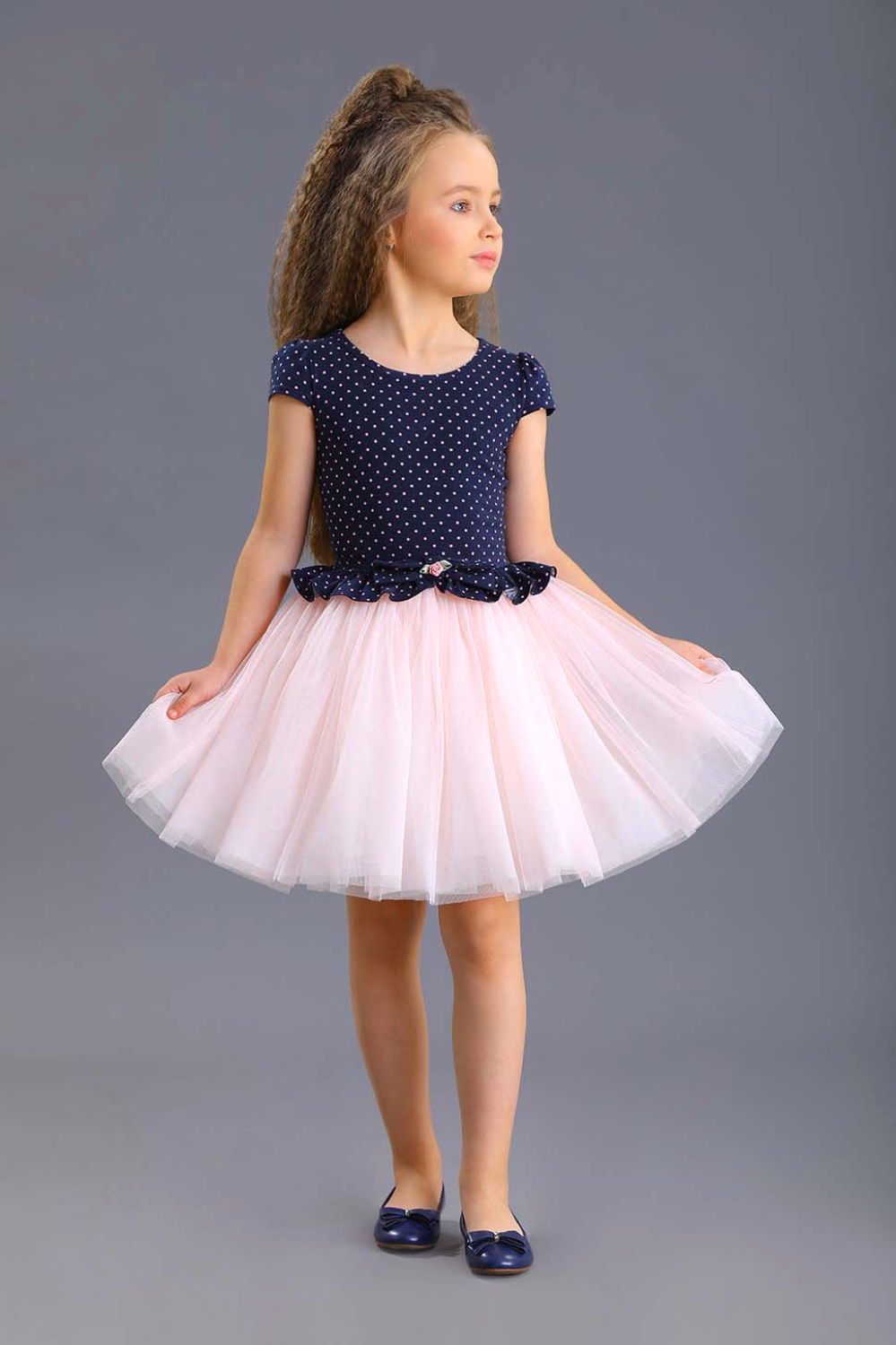 картинка Платье нарядное 2004-320-ТХКН-180 (сине-розовый горошек) от магазина Маленькая Леди