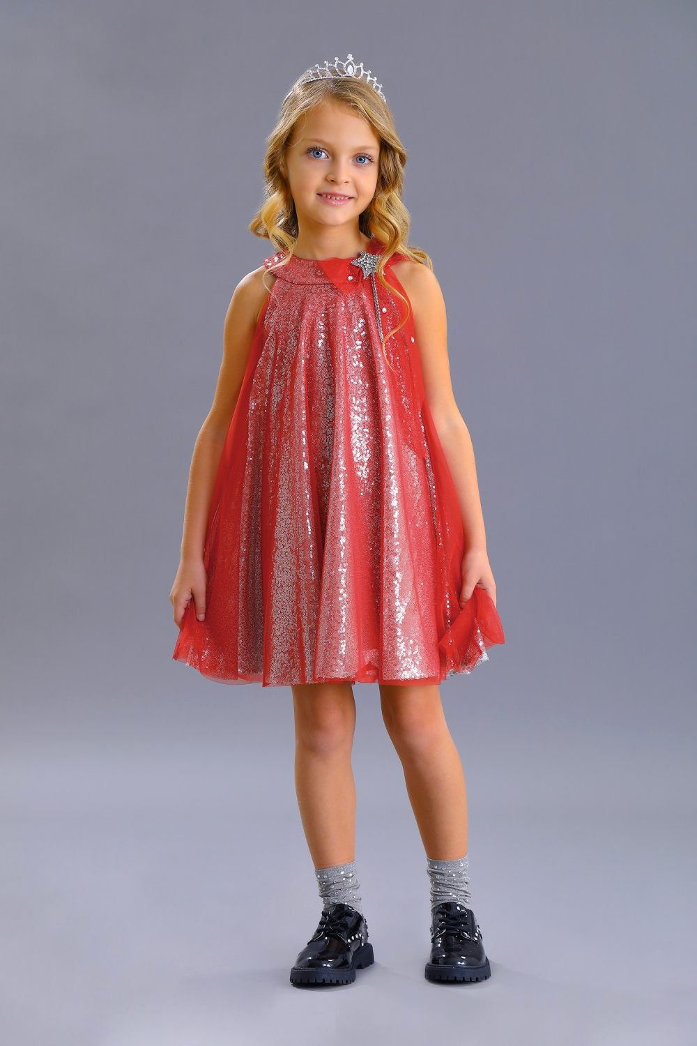 картинка Платье нарядное 2219-121-СМ (серебряный-красный) от магазина Маленькая Леди
